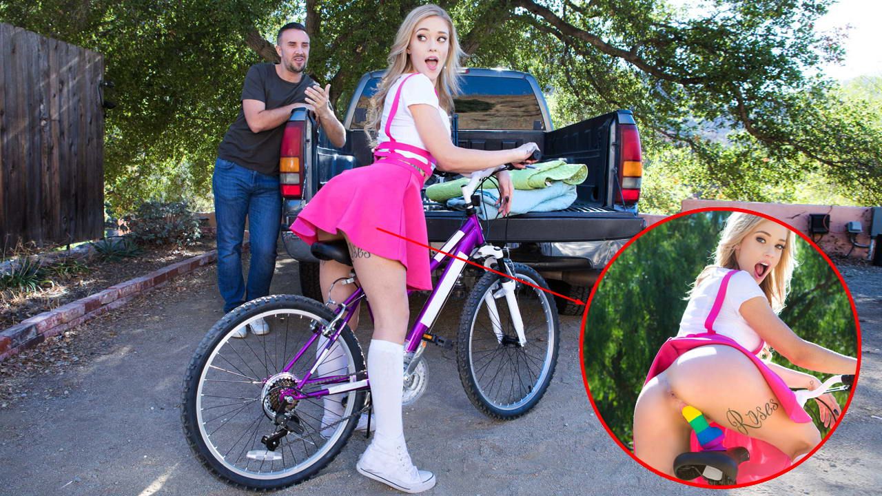 Girl rides dildo bike public